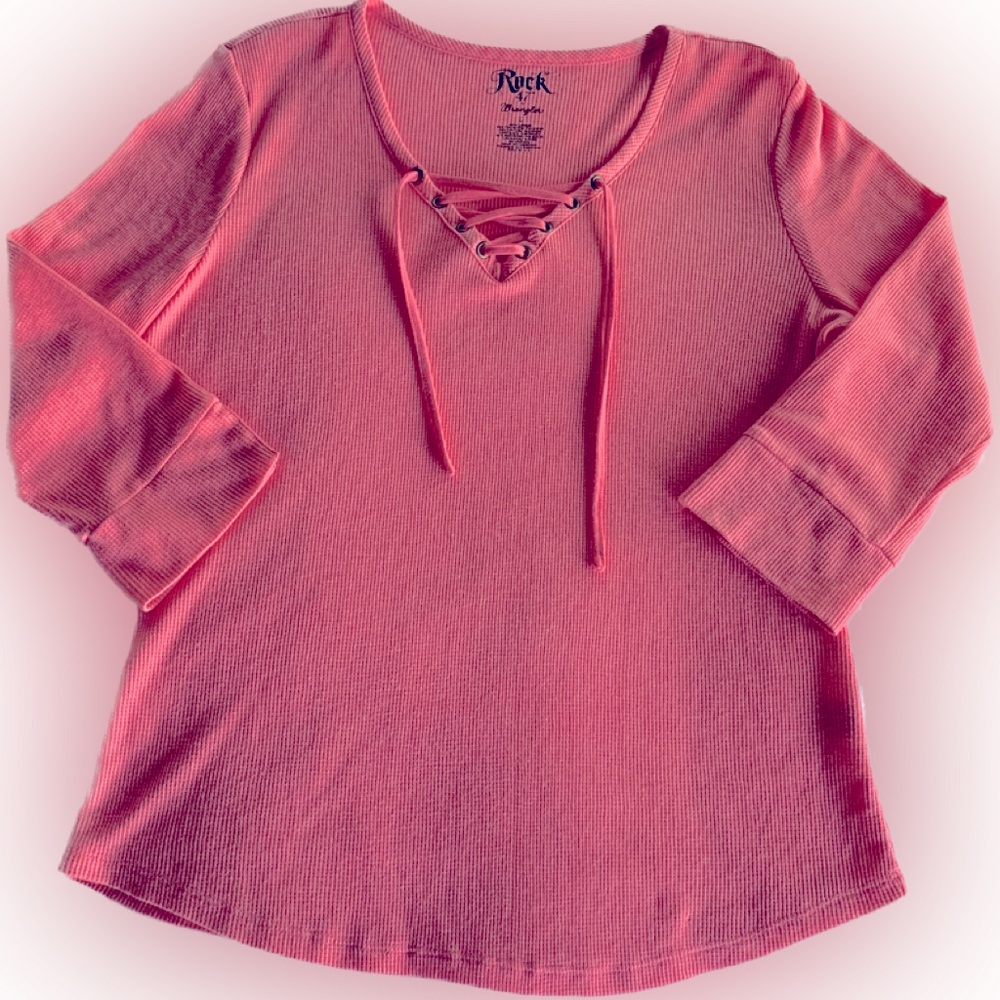 3/4 sleeve Waffle knit lace up Rock 47 by Wrangler top